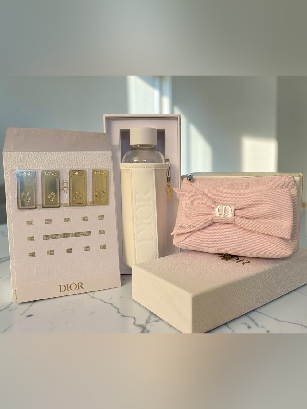 *Dior GWP bundle* Miss Dior pink bow pouch, bottle with holder, paper clips